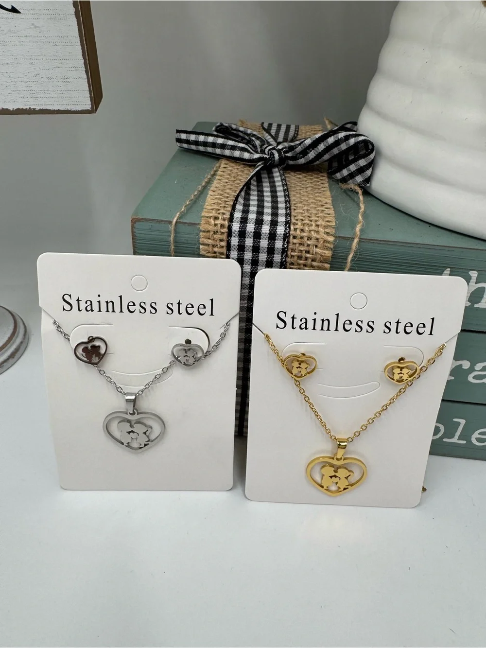 Sweetheart Boy/Girl Earring and Necklace Set - Silver or Gold - Stainless Steel